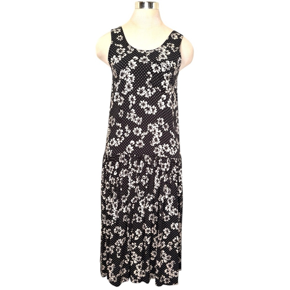 Black and White Floral Sleeveless Scoop Neck Midi Maxi Dress